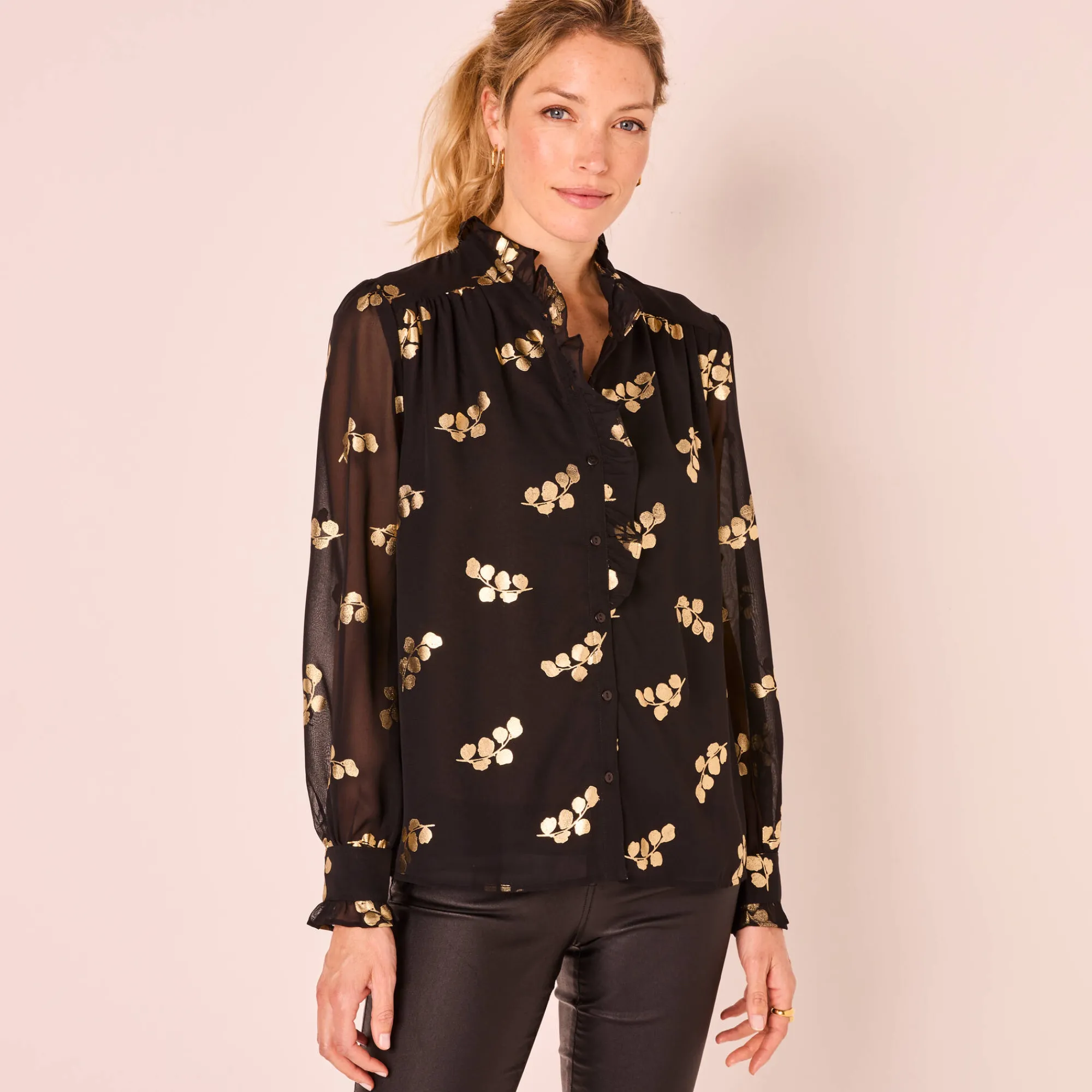 Feestoutfits Dames|Bloes En Tuniek<Blancheporte Bloes met strook, voile met gouden print zwart