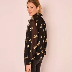 Feestoutfits Dames|Bloes En Tuniek<Blancheporte Bloes met strook, voile met gouden print zwart