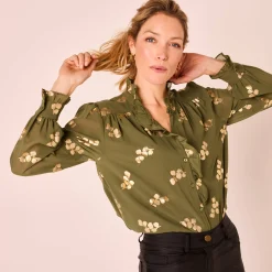 Feestoutfits Dames|Bloes En Tuniek<Blancheporte Bloes met strook, voile met gouden print kaki