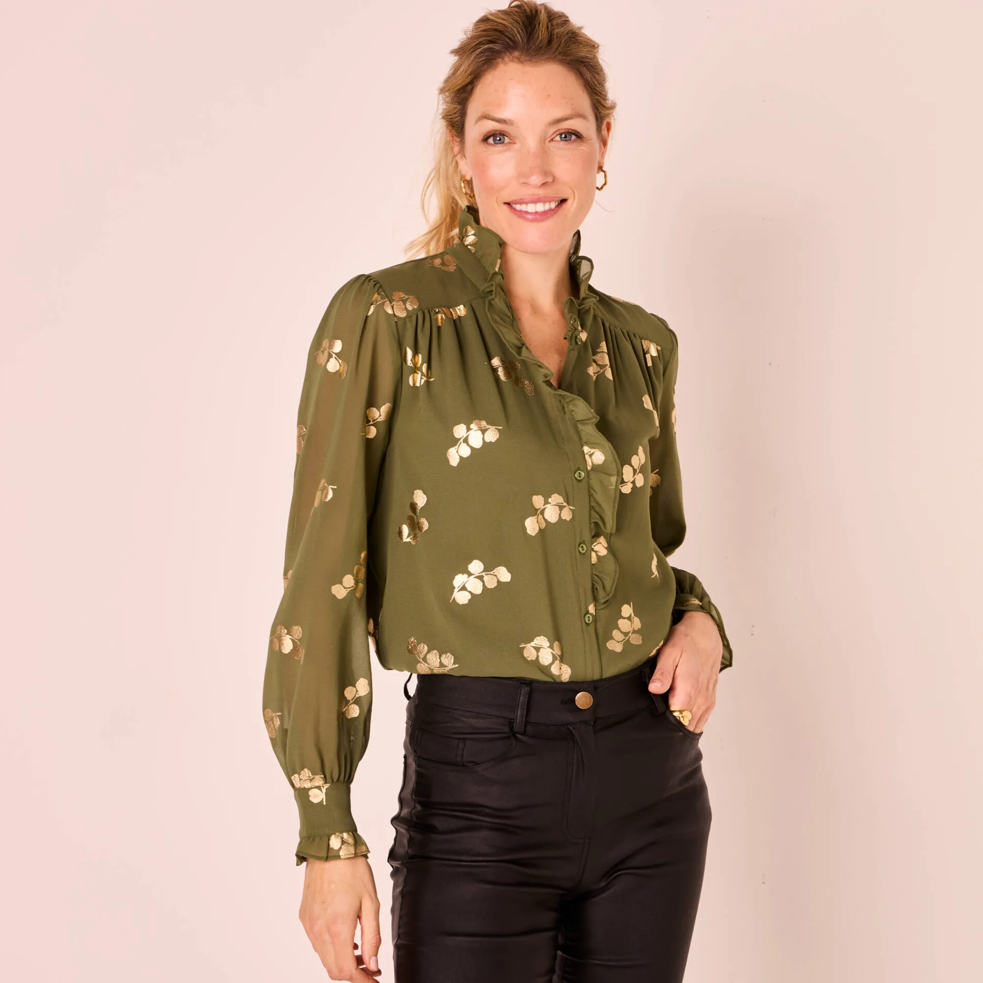 Feestoutfits Dames|Bloes En Tuniek<Blancheporte Bloes met strook, voile met gouden print kaki