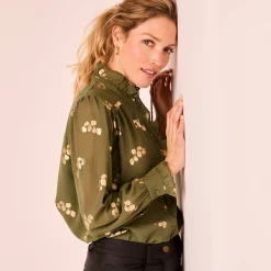 Feestoutfits Dames|Bloes En Tuniek<Blancheporte Bloes met strook, voile met gouden print kaki