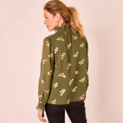 Feestoutfits Dames|Bloes En Tuniek<Blancheporte Bloes met strook, voile met gouden print kaki