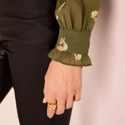 Feestoutfits Dames|Bloes En Tuniek<Blancheporte Bloes met strook, voile met gouden print kaki