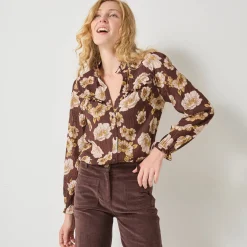 Bloes En Tuniek<Blancheporte Bloes met strookjes en bloemenprint, crepon chocolade