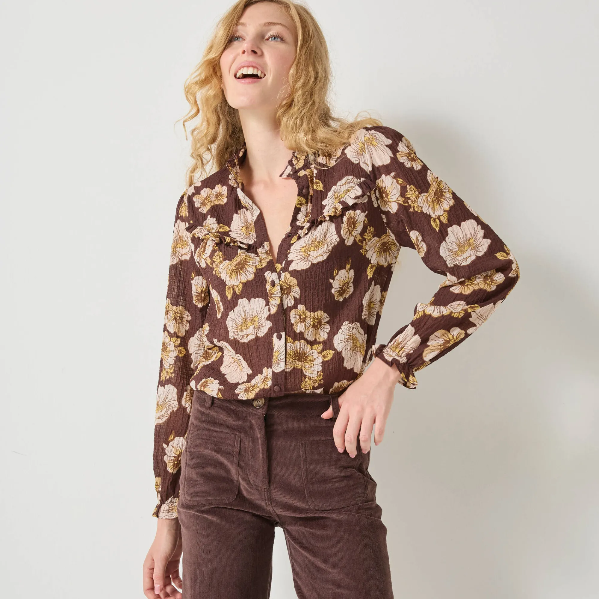 Bloes En Tuniek<Blancheporte Bloes met strookjes en bloemenprint, crepon chocolade