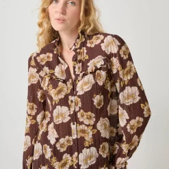 Bloes En Tuniek<Blancheporte Bloes met strookjes en bloemenprint, crepon chocolade
