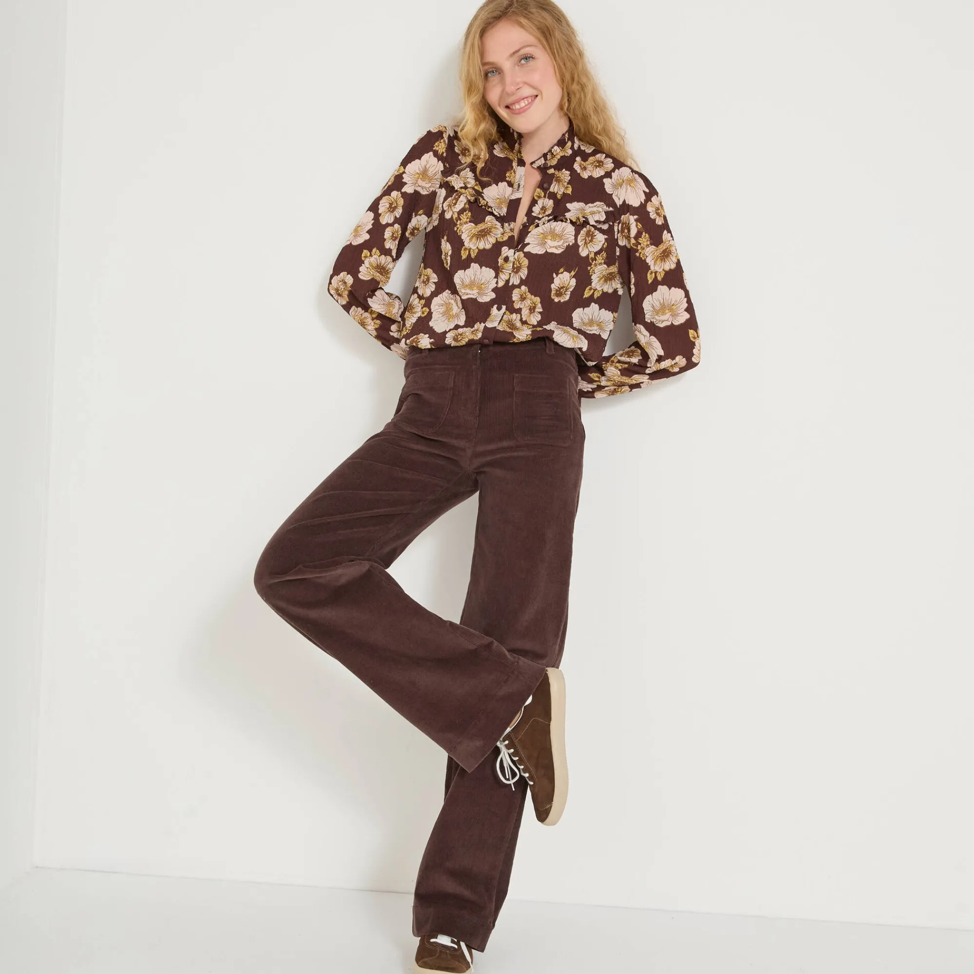 Bloes En Tuniek<Blancheporte Bloes met strookjes en bloemenprint, crepon chocolade