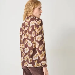 Bloes En Tuniek<Blancheporte Bloes met strookjes en bloemenprint, crepon chocolade