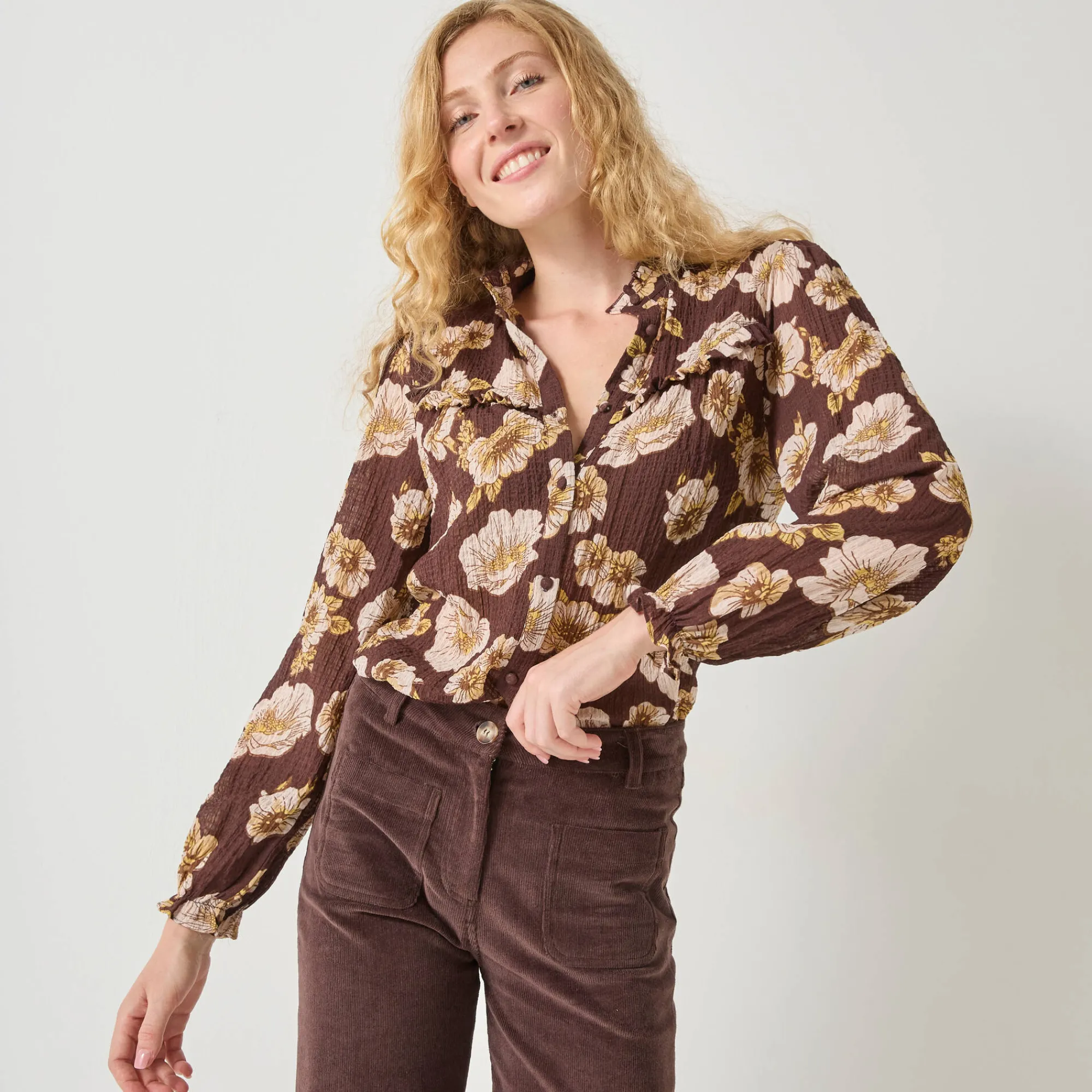 Bloes En Tuniek<Blancheporte Bloes met strookjes en bloemenprint, crepon chocolade