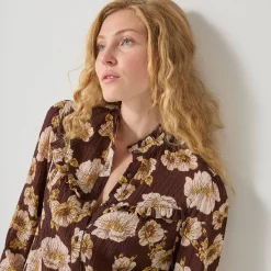 Bloes En Tuniek<Blancheporte Bloes met strookjes en bloemenprint, crepon chocolade