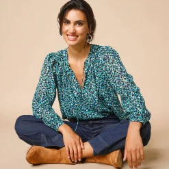 Bloes En Tuniek<Lora Zellini Bloes met Tunesische hals en dierenhuidprint, lange mouwen groen / blauw
