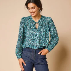 Bloes En Tuniek<Lora Zellini Bloes met Tunesische hals en dierenhuidprint, lange mouwen groen / blauw