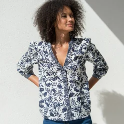 Bloes En Tuniek<Blancheporte Bloes met Tunesische hals en 3/4-mouwen, tweekleurige print ecru / marine