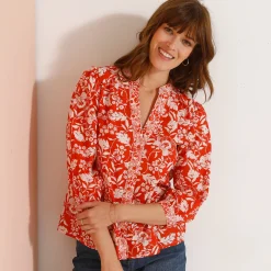 Bloes En Tuniek<Blancheporte Bloes met Tunesische hals en 3/4-mouwen, tweekleurige print terracotta / ecru