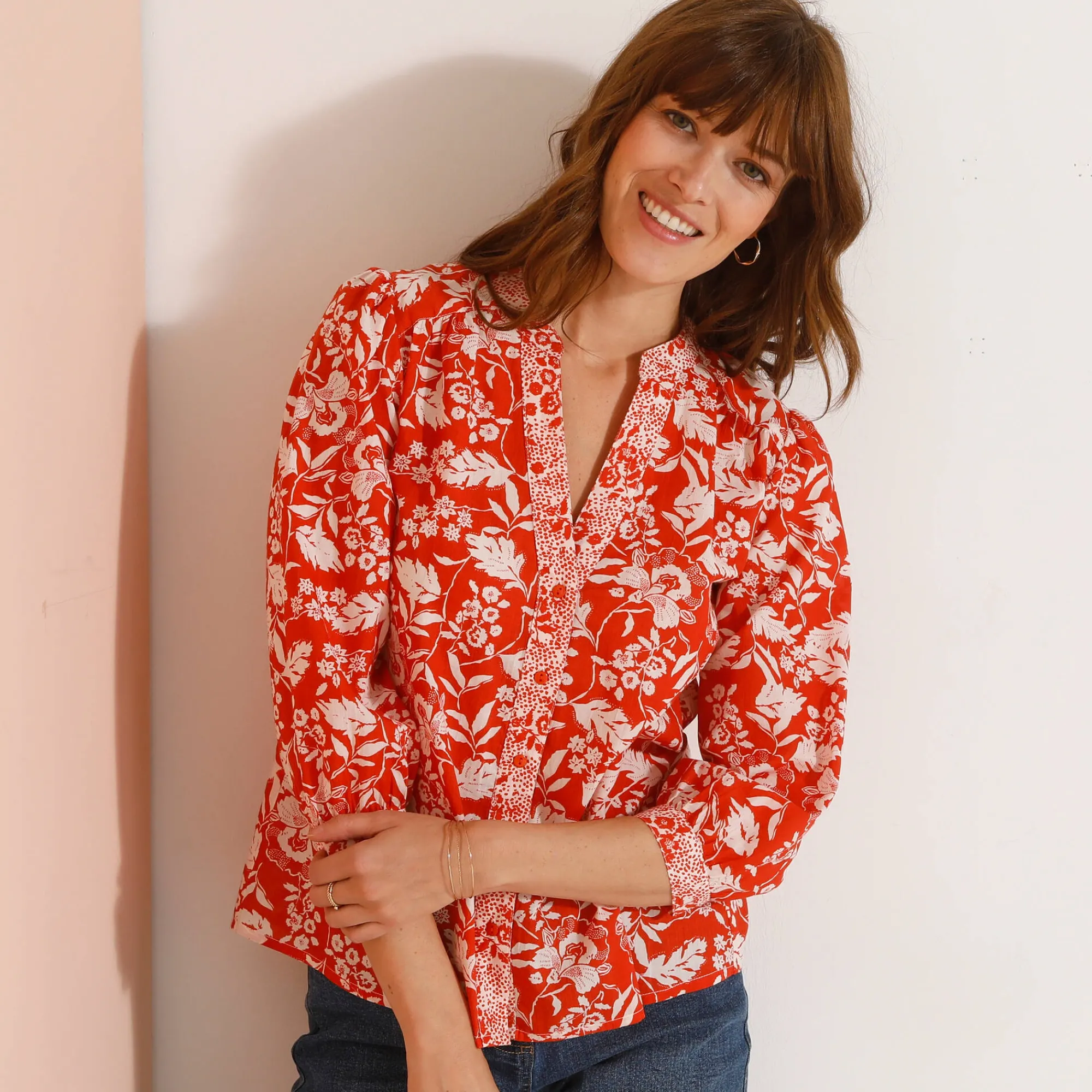 Bloes En Tuniek<Blancheporte Bloes met Tunesische hals en 3/4-mouwen, tweekleurige print terracotta / ecru