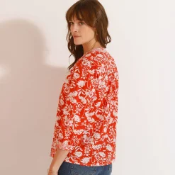 Bloes En Tuniek<Blancheporte Bloes met Tunesische hals en 3/4-mouwen, tweekleurige print terracotta / ecru