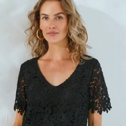 Bloes En Tuniek<Blancheporte Bloes met V-hals, volledig in macramé zwart