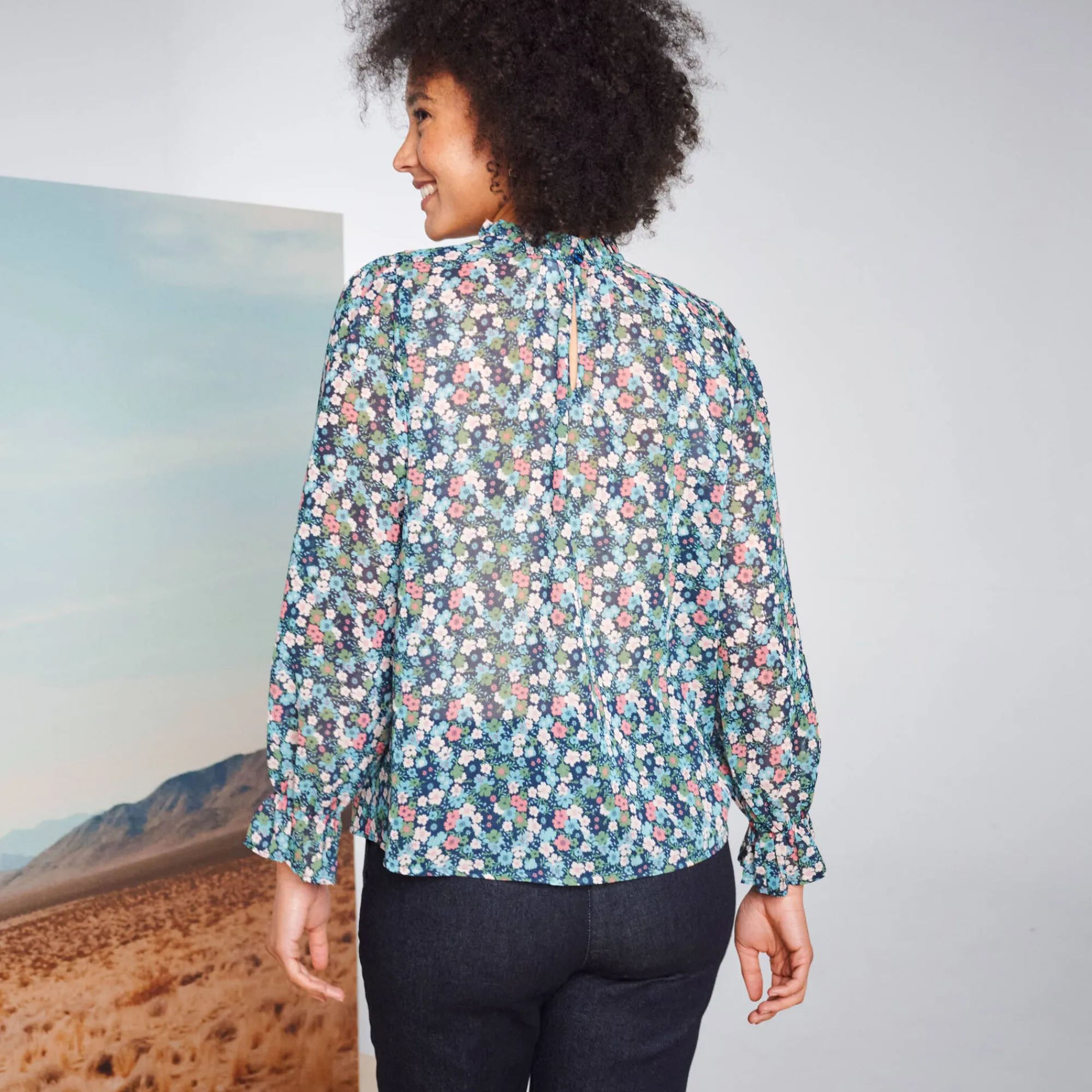Bloes En Tuniek<Blancheporte Bloes met Victoriaanse kraag, voile met bloemenprint nachtblauw / groen