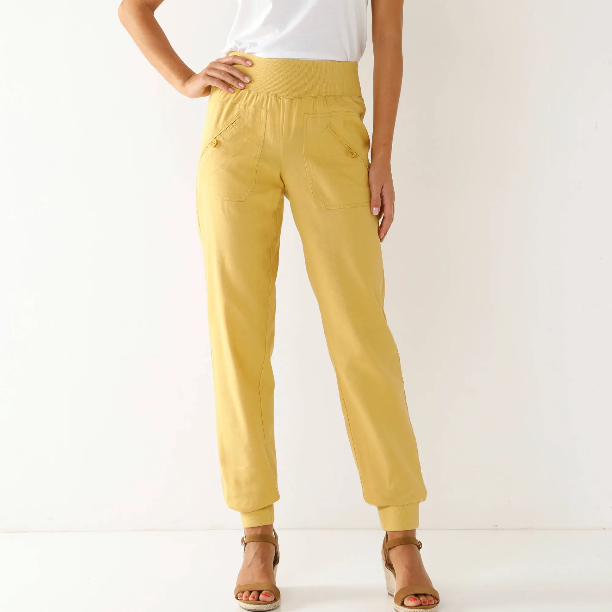 Broek<Blancheporte Bloezende broek met elastische taille, linnen-katoen oker