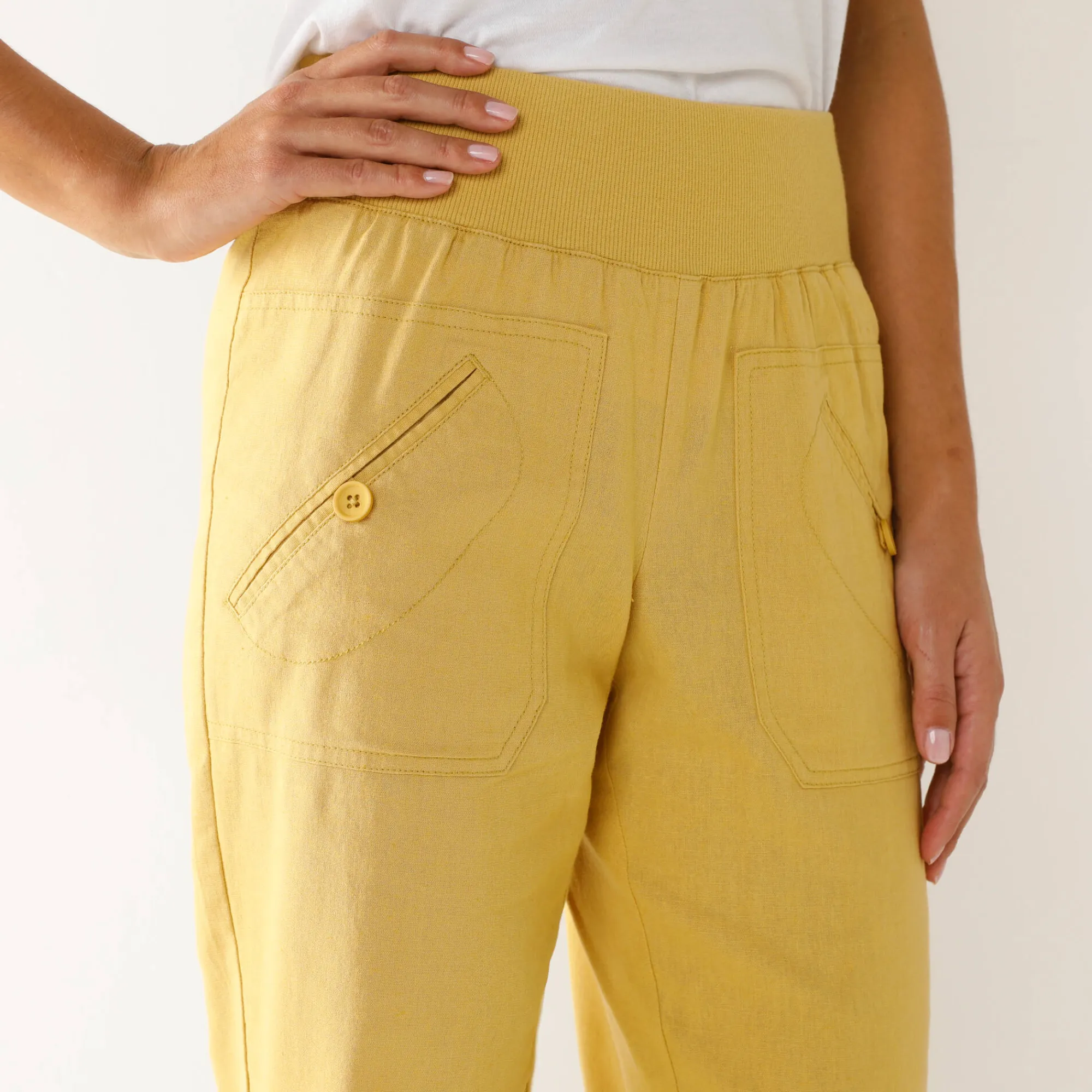 Broek<Blancheporte Bloezende broek met elastische taille, linnen-katoen oker