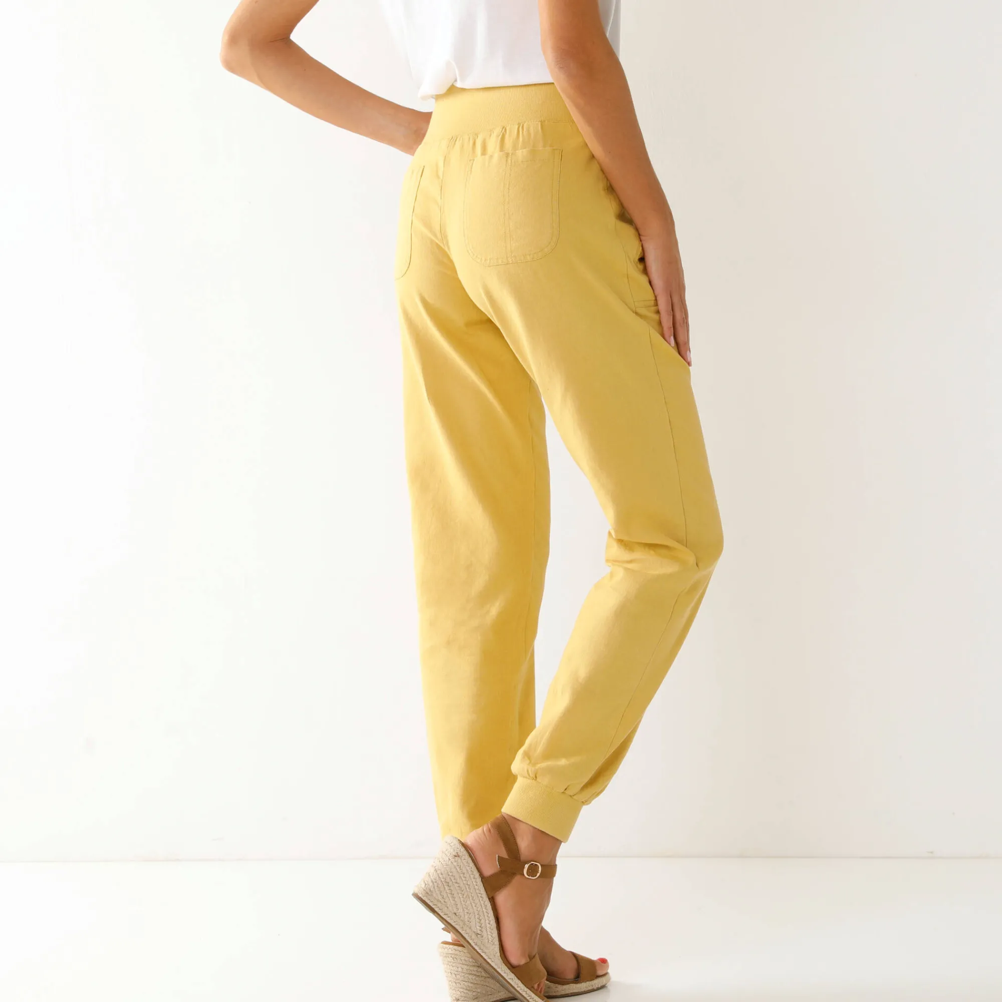 Broek<Blancheporte Bloezende broek met elastische taille, linnen-katoen oker