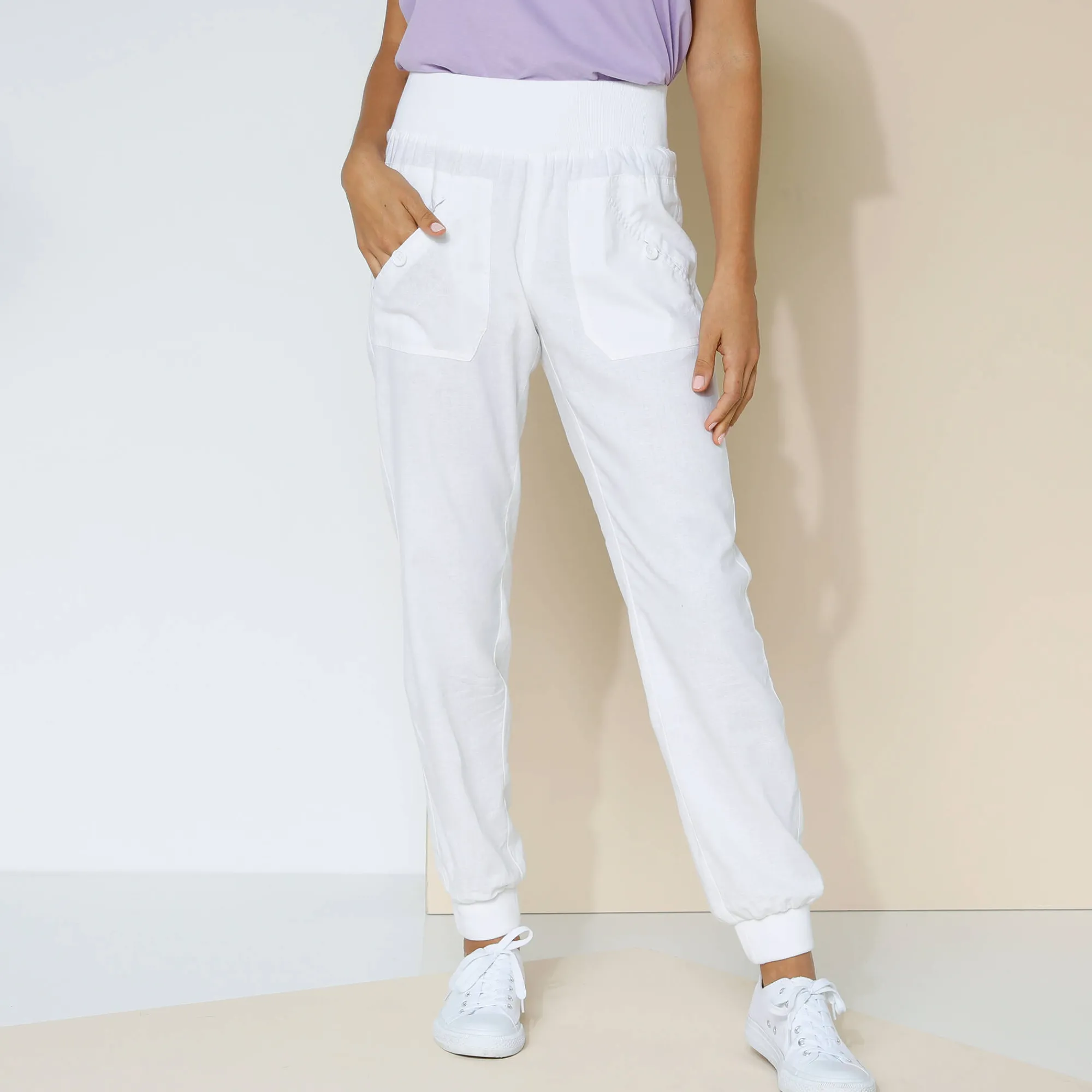 Broek<Blancheporte Bloezende broek met elastische taille, linnen-katoen wit