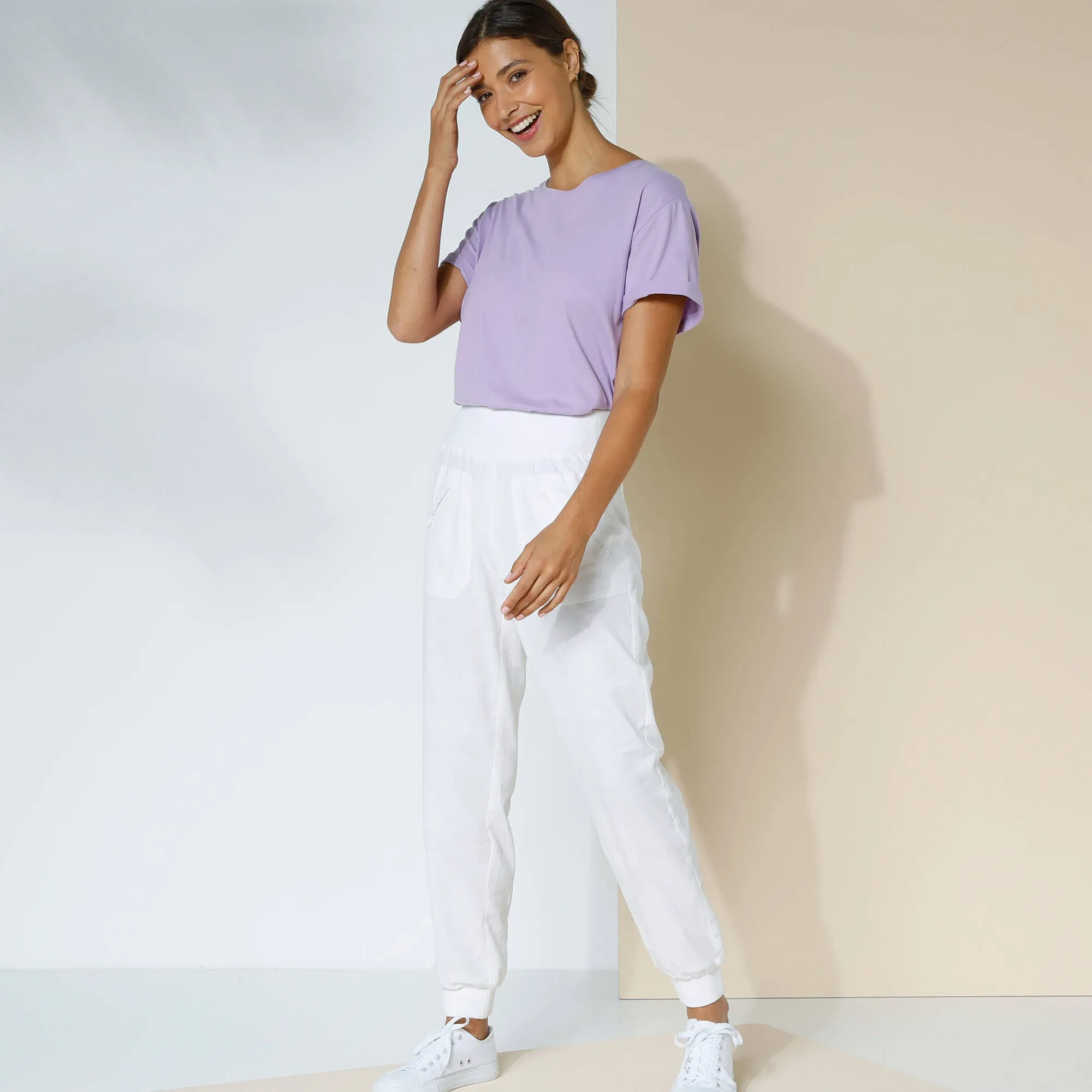 Broek<Blancheporte Bloezende broek met elastische taille, linnen-katoen wit