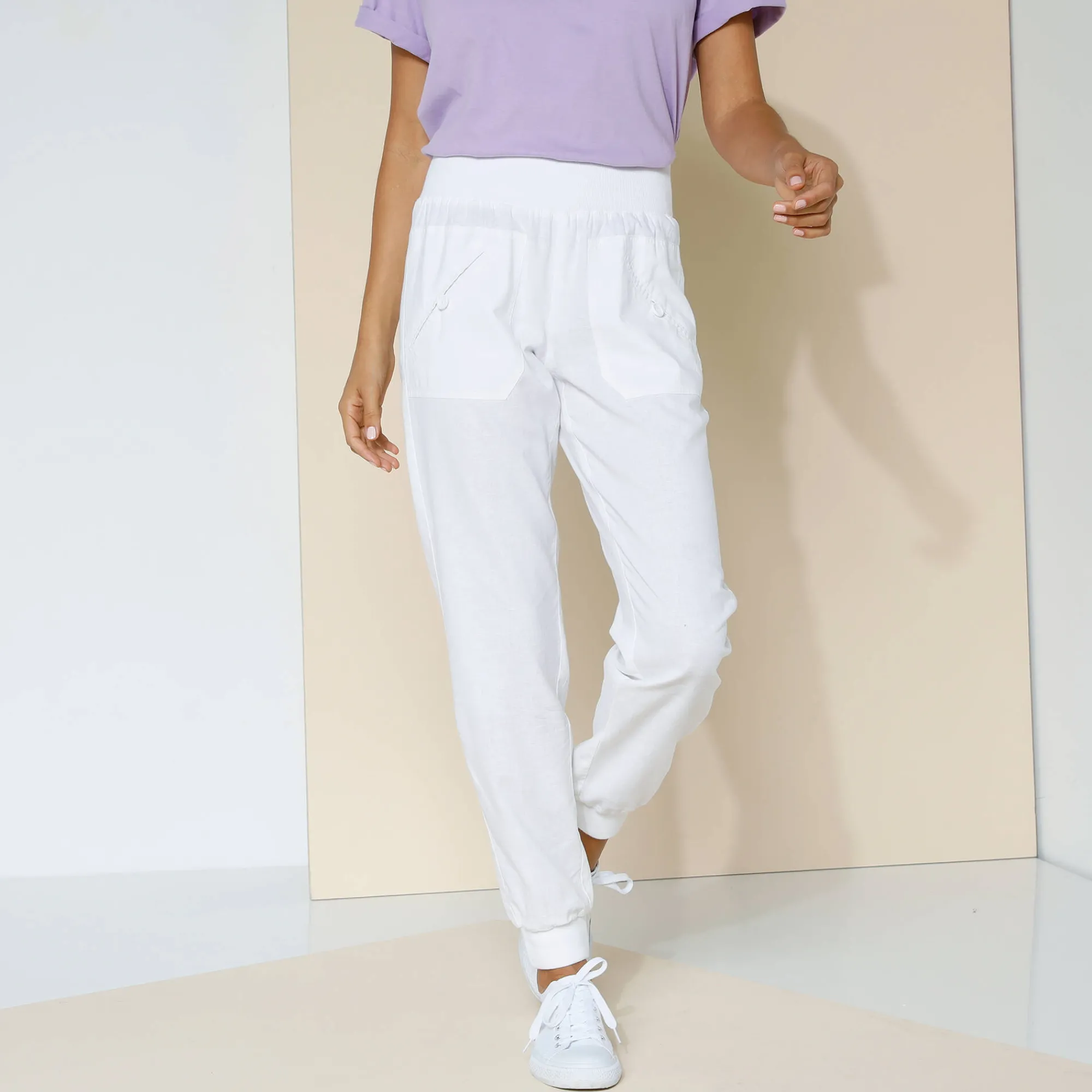 Broek<Blancheporte Bloezende broek met elastische taille, linnen-katoen wit