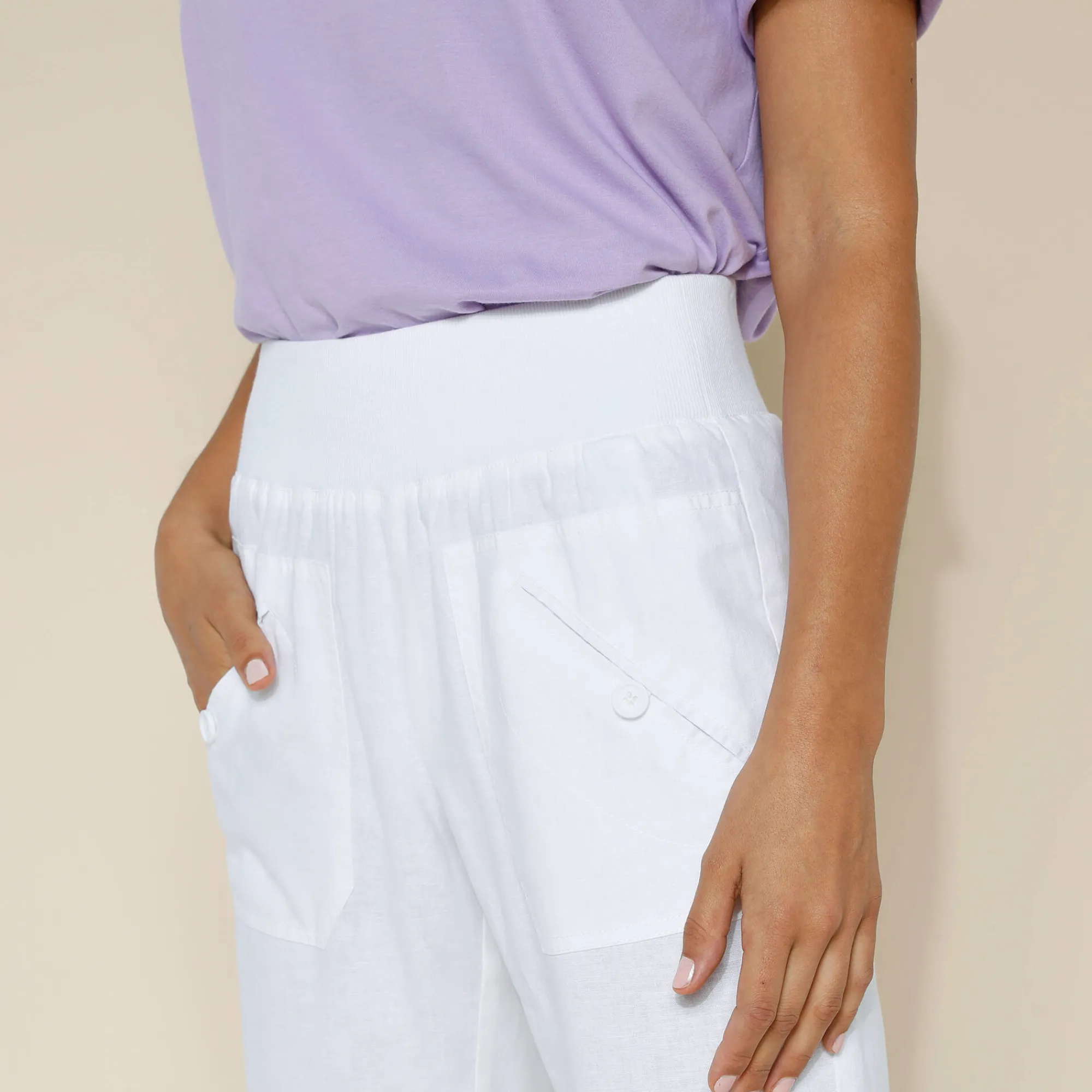 Broek<Blancheporte Bloezende broek met elastische taille, linnen-katoen wit