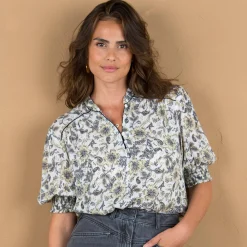 Bloes En Tuniek<Blancheporte Blouse imprimée manches coudes, crépon ecru / zwart