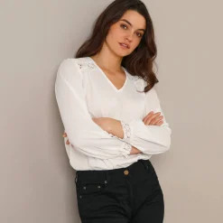 Bloes En Tuniek<Blancheporte Blouse met kanten details, crêpe wit