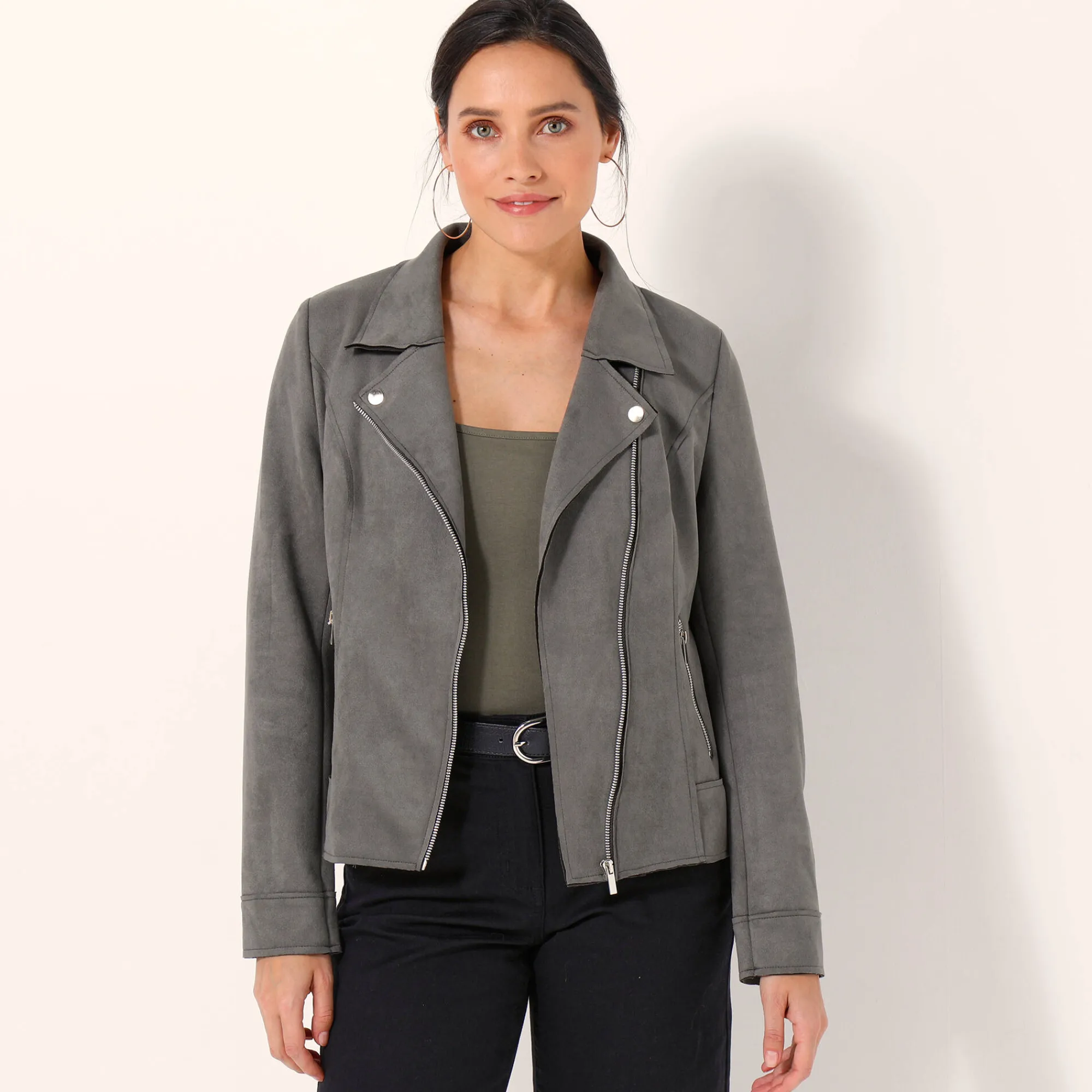 Jas En Mantel<Blancheporte Blouson in suèdine met rits en reverskraag met drukknoopsluiting kaki