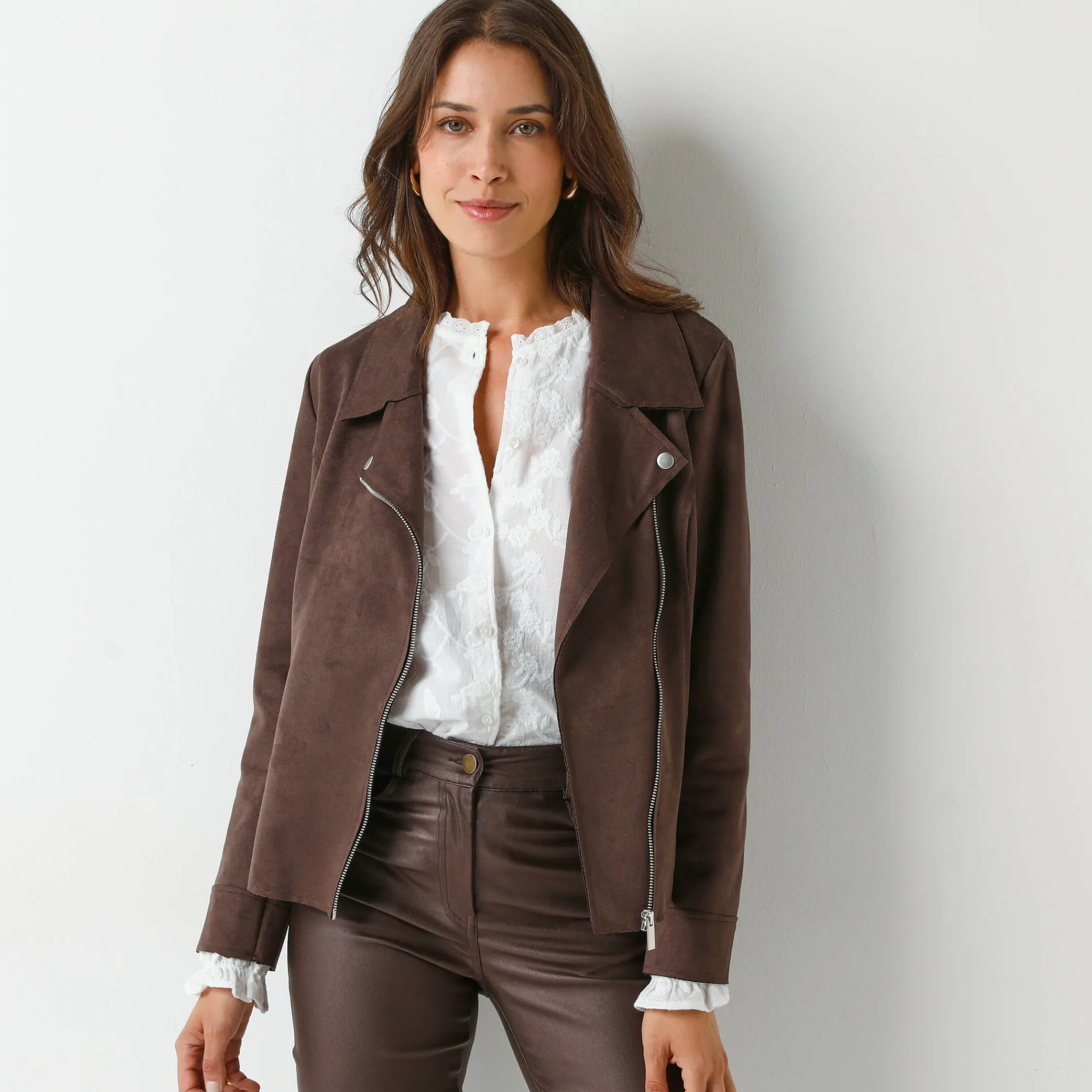 Jas En Mantel<Blancheporte Blouson in suèdine met rits en reverskraag met drukknoopsluiting chocolade