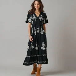 Jurk<Lora Zellini Bohemian lange jurk, print met borduureffect zwart / beige