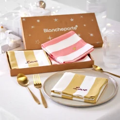 Feesttafel|Servet<Blancheporte Box met 4 katoenen servetten, geborduurd roze + geel