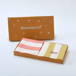 Feesttafel|Servet<Blancheporte Box met 4 katoenen servetten, geborduurd roze + geel