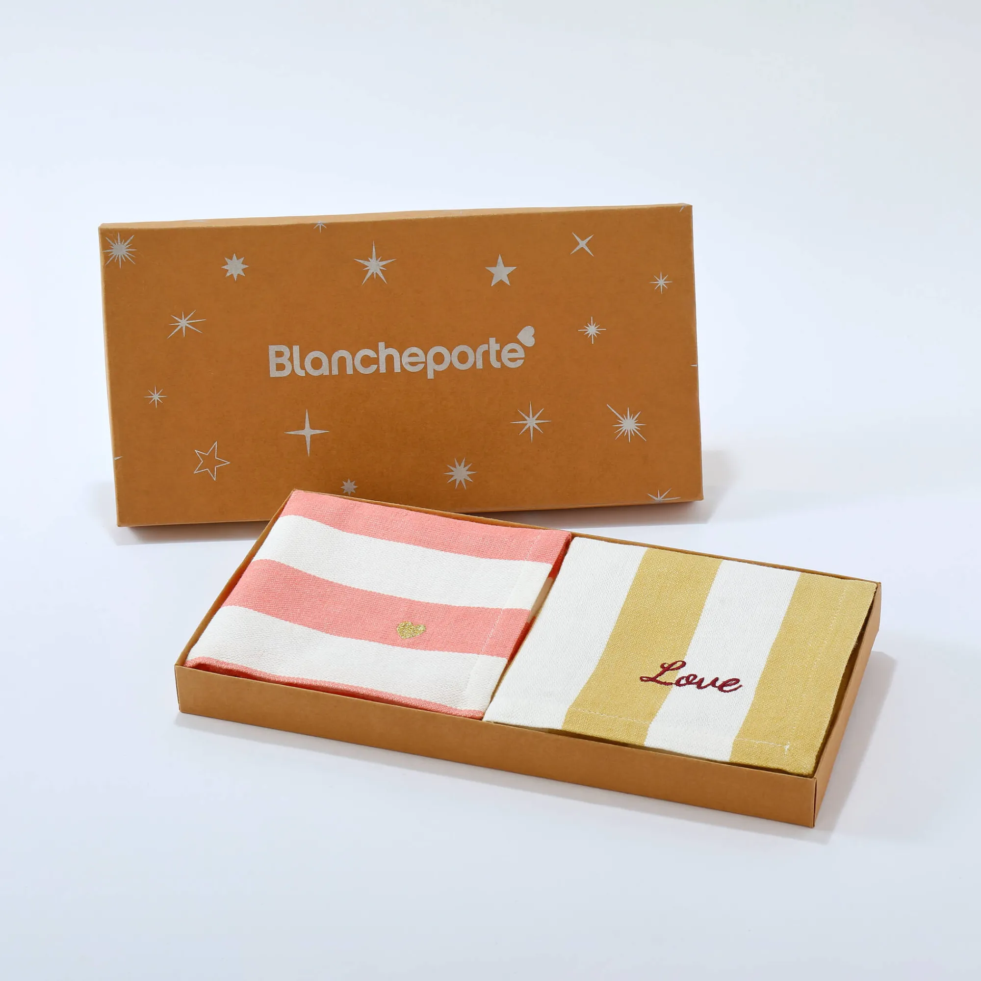 Feesttafel|Servet<Blancheporte Box met 4 katoenen servetten, geborduurd roze + geel