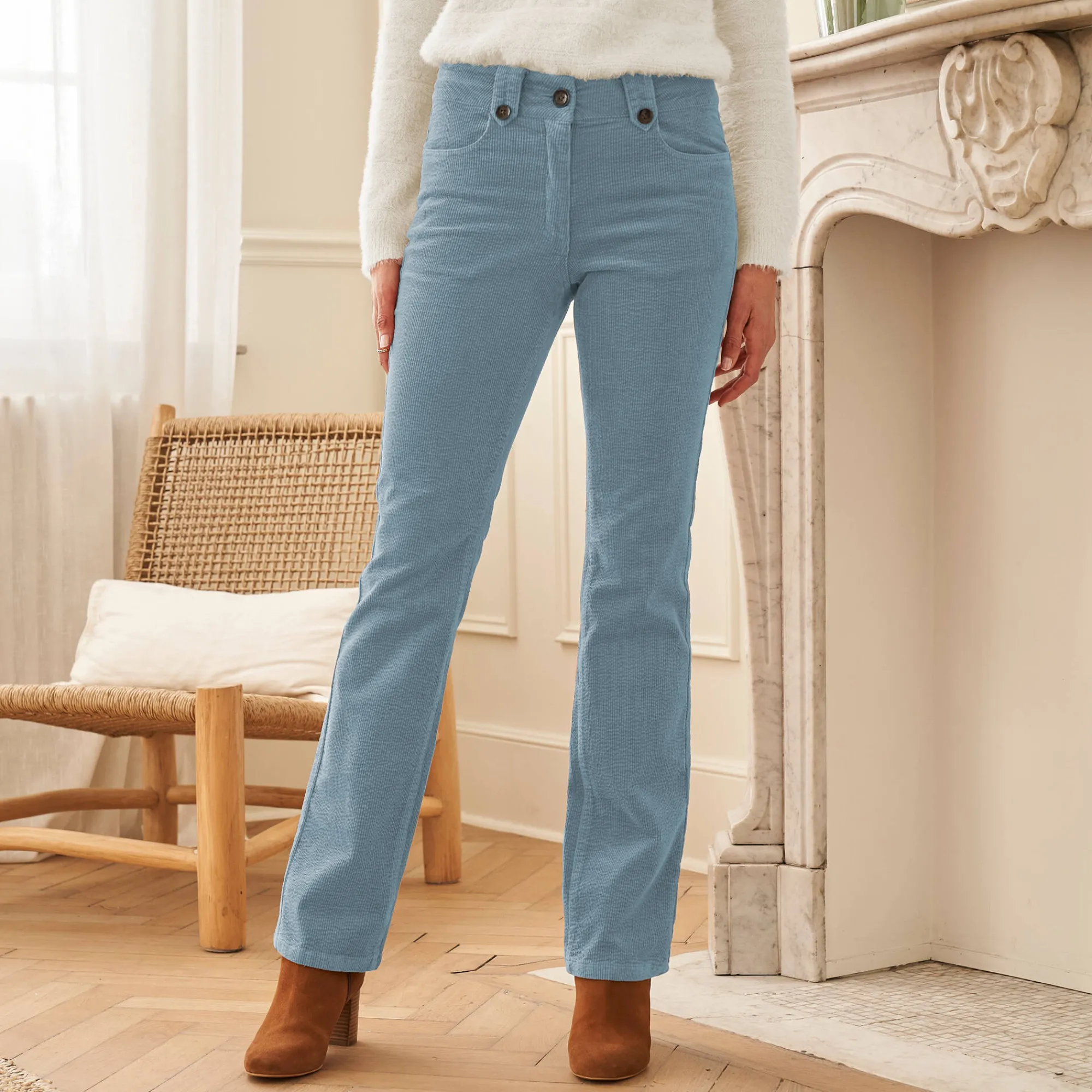 Broek<Blancheporte Broek in ribvelours met recht model blauwgrijs