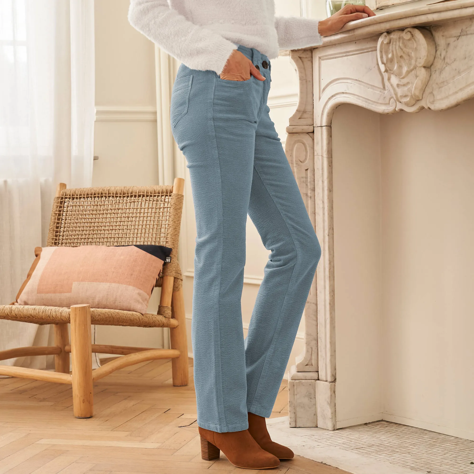 Broek<Blancheporte Broek in ribvelours met recht model blauwgrijs