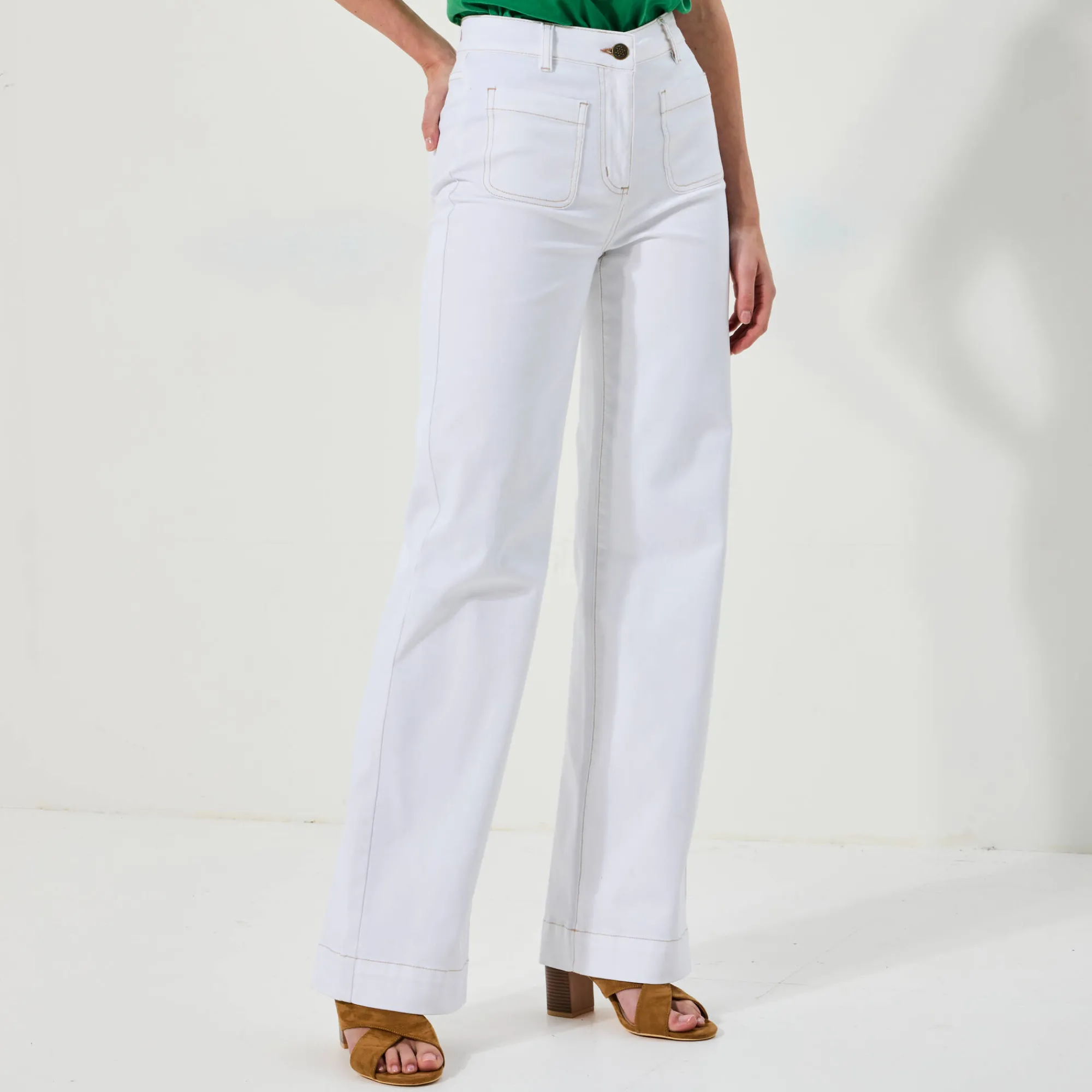 Broek<Blancheporte Broek in twill, ruim model met hoge taille, grote lengte wit