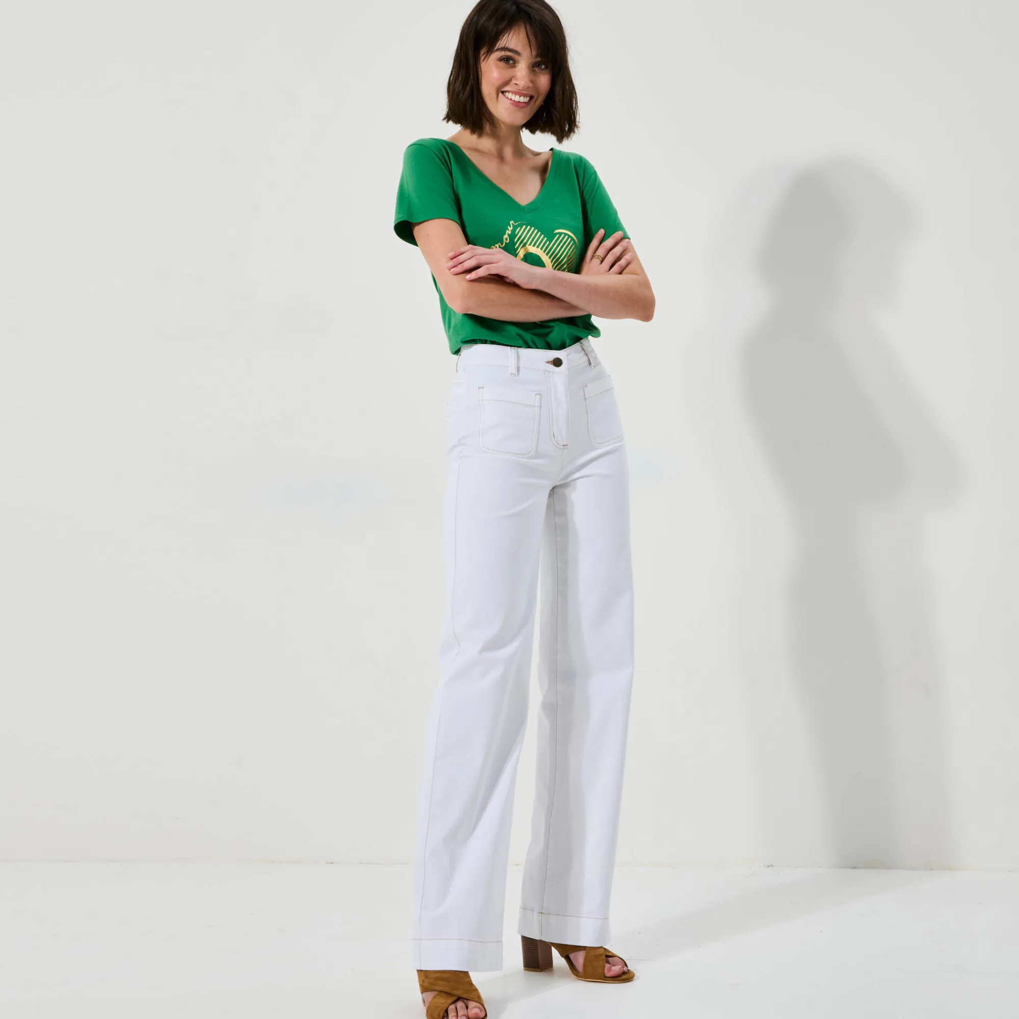 Broek<Blancheporte Broek in twill, ruim model met hoge taille, grote lengte wit