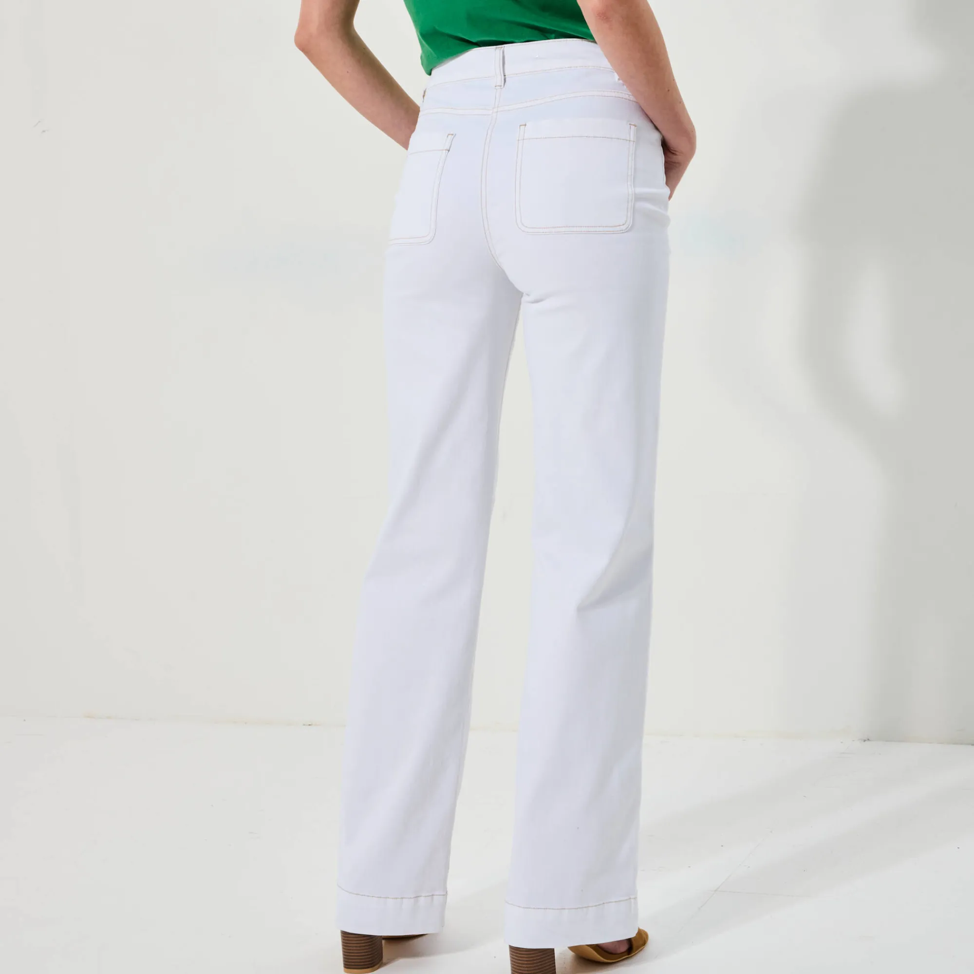 Broek<Blancheporte Broek in twill, ruim model met hoge taille, grote lengte wit