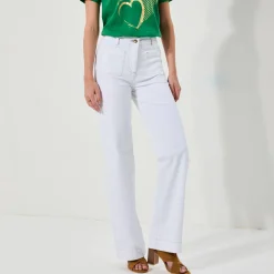 Broek<Blancheporte Broek in twill, ruim model met hoge taille, middelmatige lengte wit