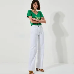 Broek<Blancheporte Broek in twill, ruim model met hoge taille, middelmatige lengte wit