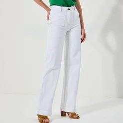 Broek<Blancheporte Broek in twill, ruim model met hoge taille, middelmatige lengte wit