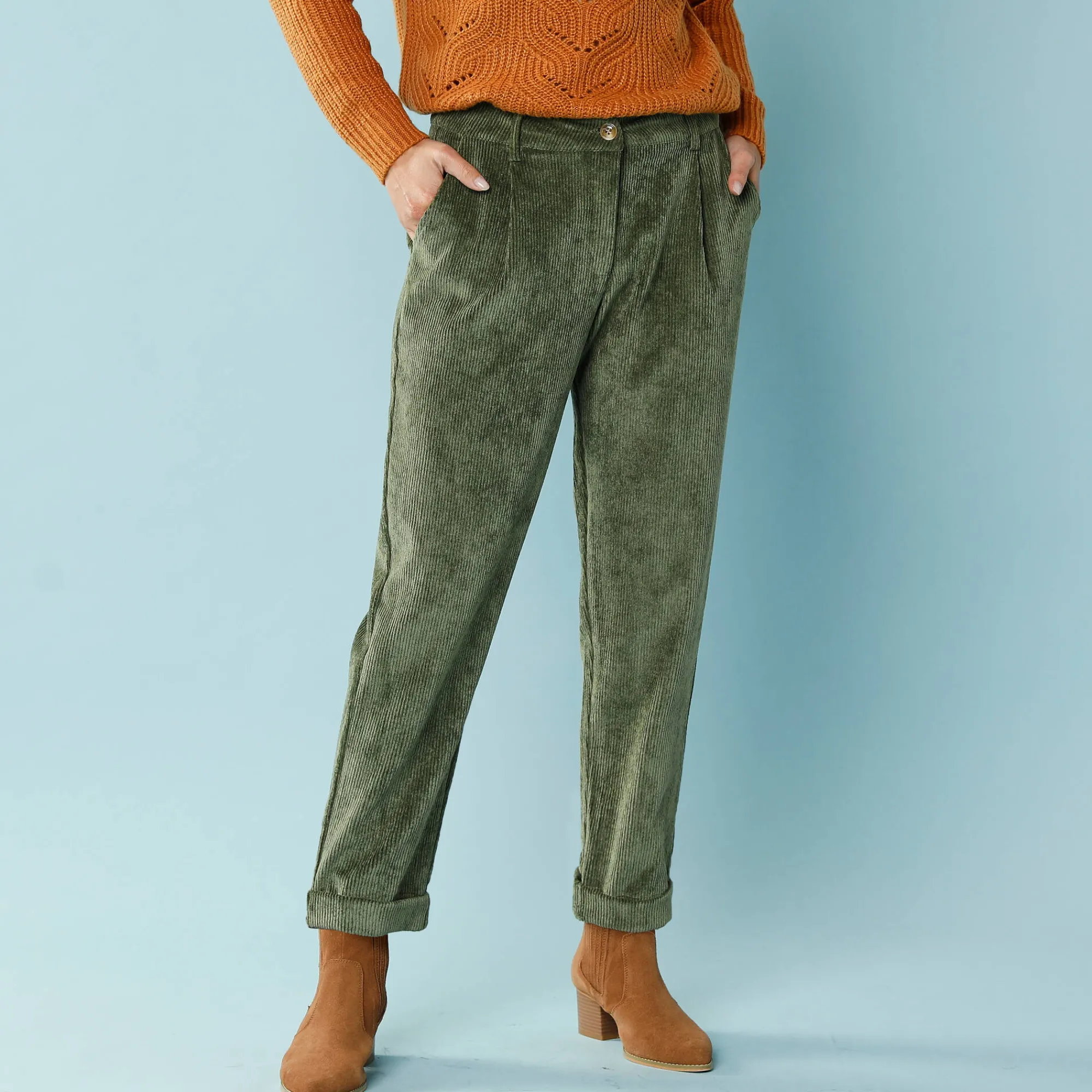 Broek<Blancheporte 7/8-broek in velours, kleine lengtes kaki