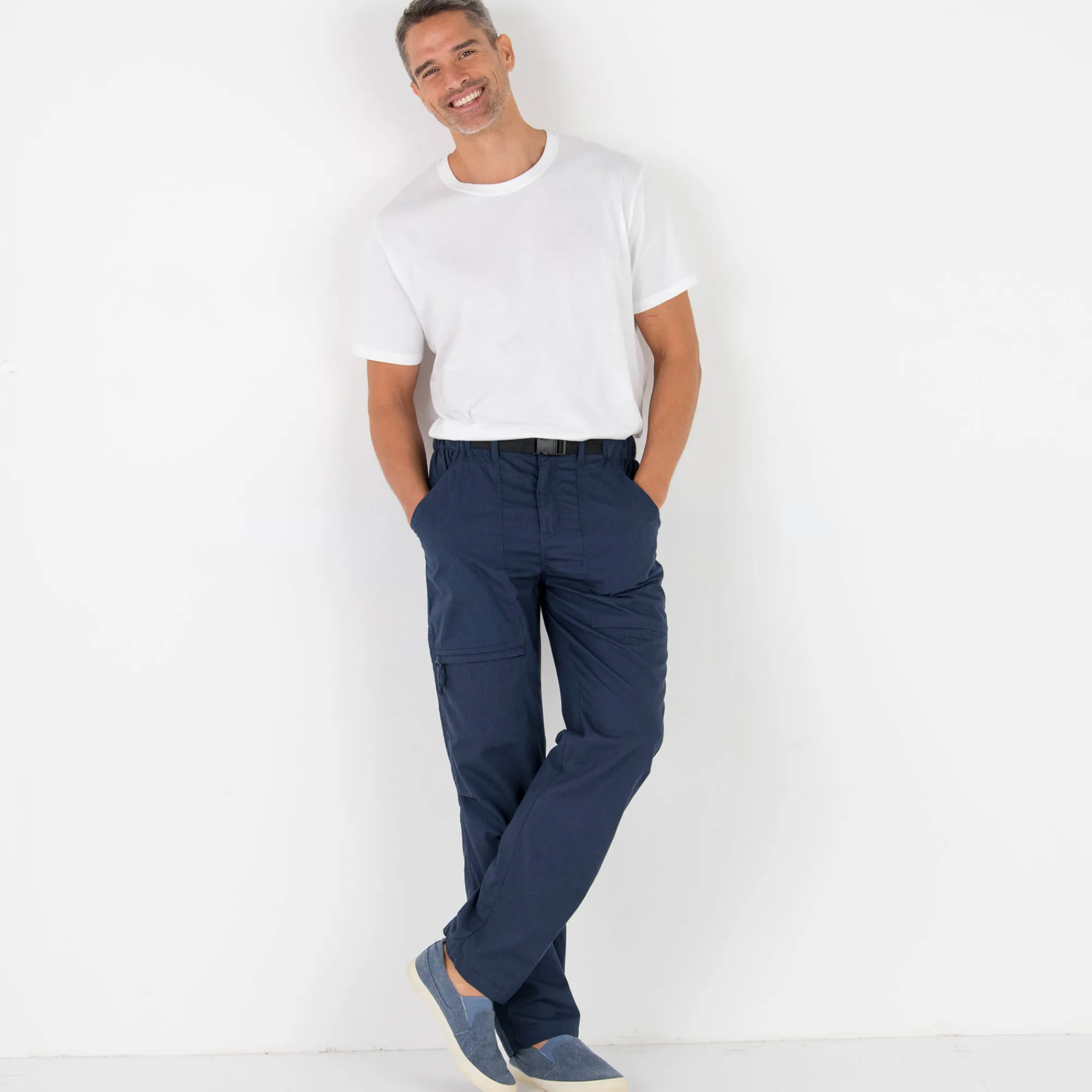 Broek<Blancheporte Broek met 3/4-elastische tailleband + bijpassende ceintuur marineblauw