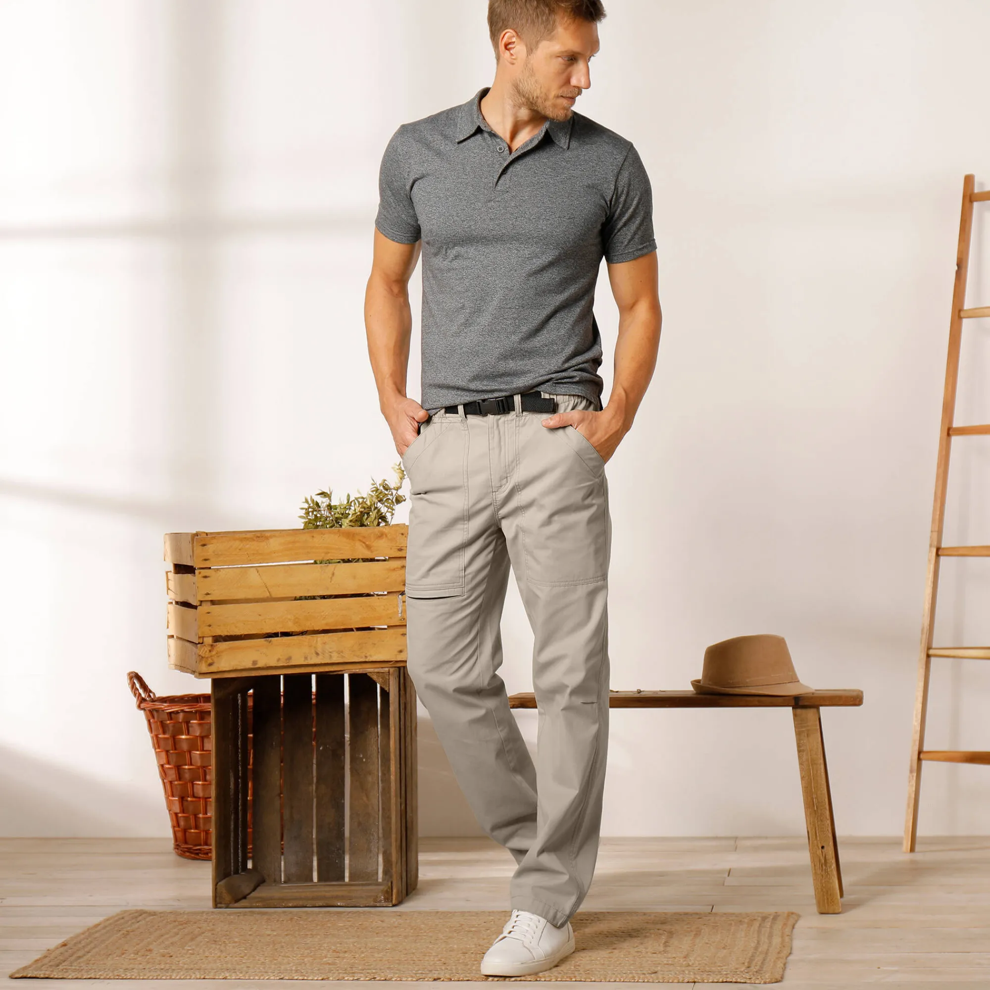 Broek<Blancheporte Broek met 3/4-elastische tailleband + bijpassende ceintuur zandkleur