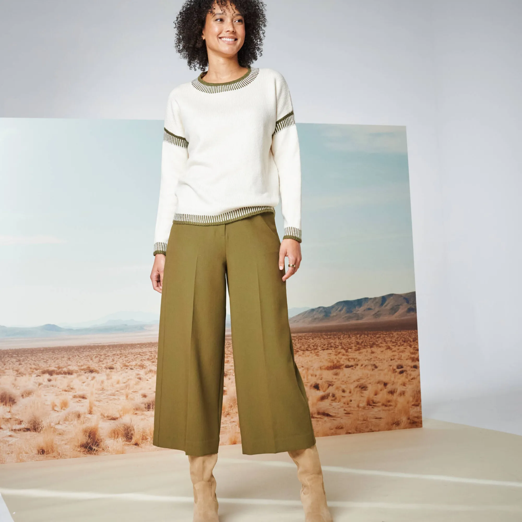 Broek<Blancheporte Broek met hoge taille, broekrokeffect kaki