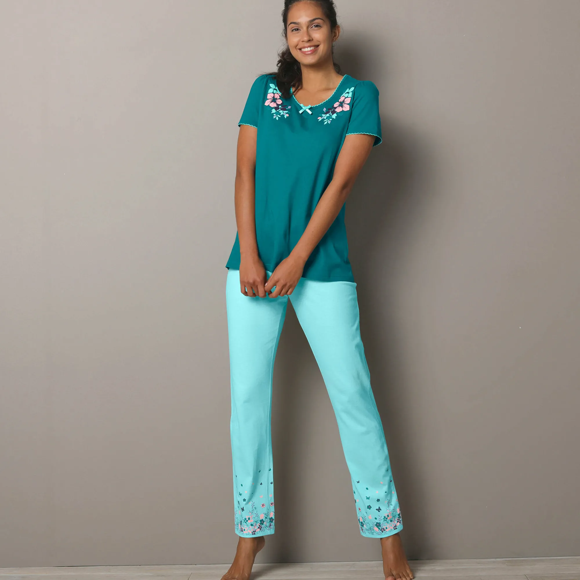 Pyjama<Blancheporte Broek met landelijke print onderaan - katoenjersey aqua